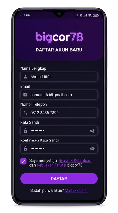 Tampilan halaman daftar bigcor78